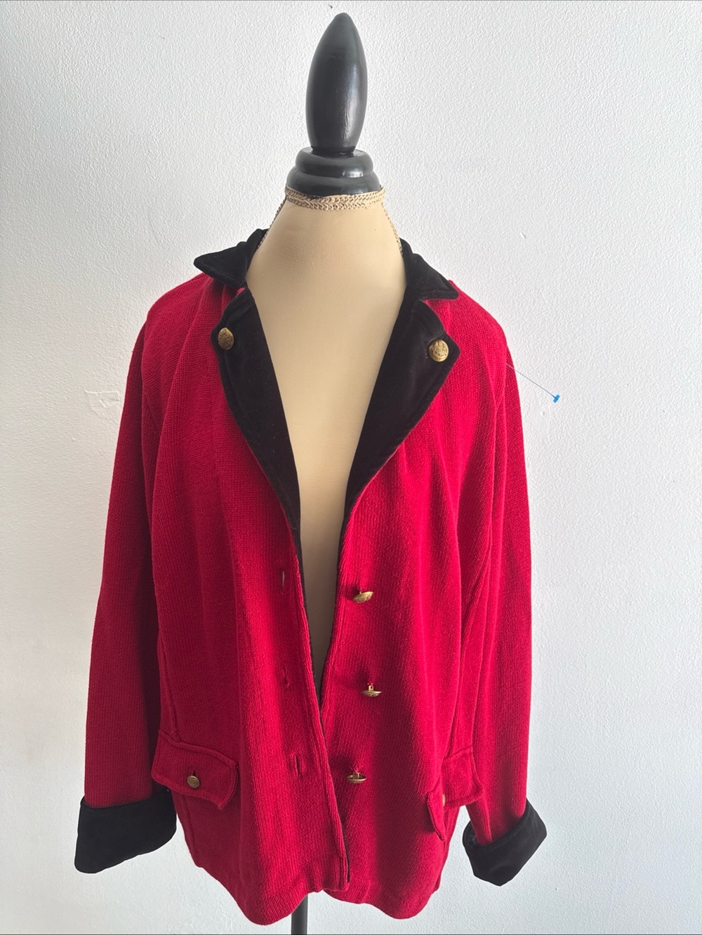 Ralph Lauren Red Blazer with Black Velvet Trim and Gold Buttons